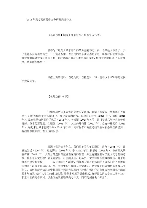2014年高考湖南卷作文分析及满分作文 (精选范文)