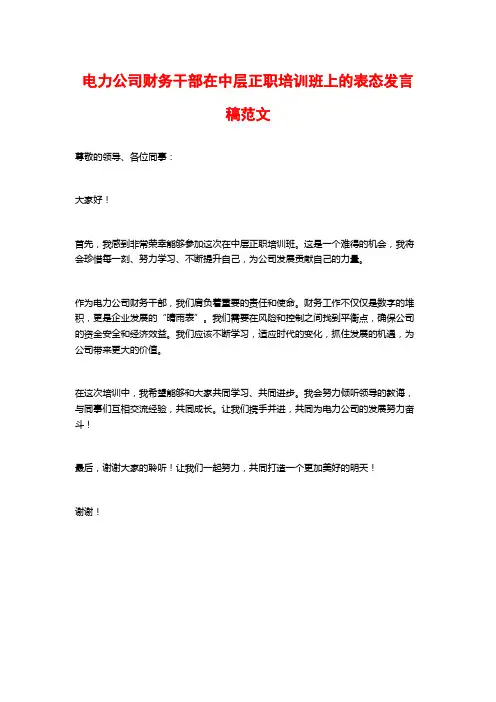电力公司财务干部在中层正职培训班上的表态发言稿范文