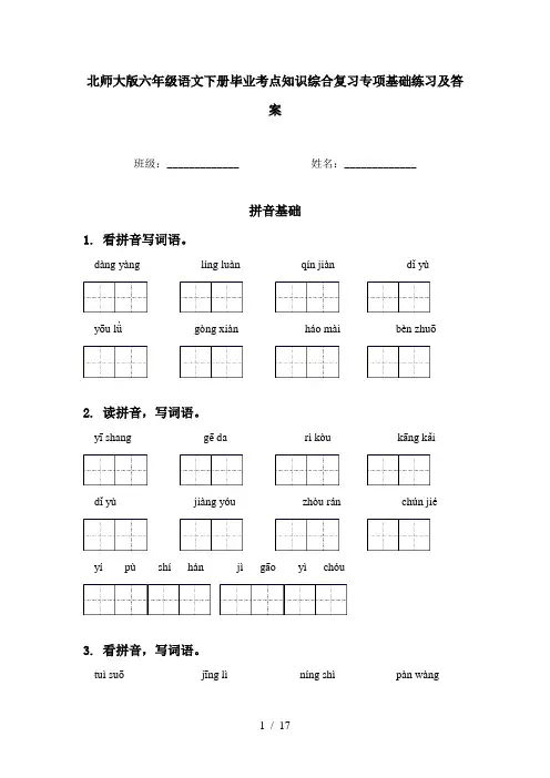 北师大版六年级语文下册毕业考点知识综合复习专项基础练习及答案