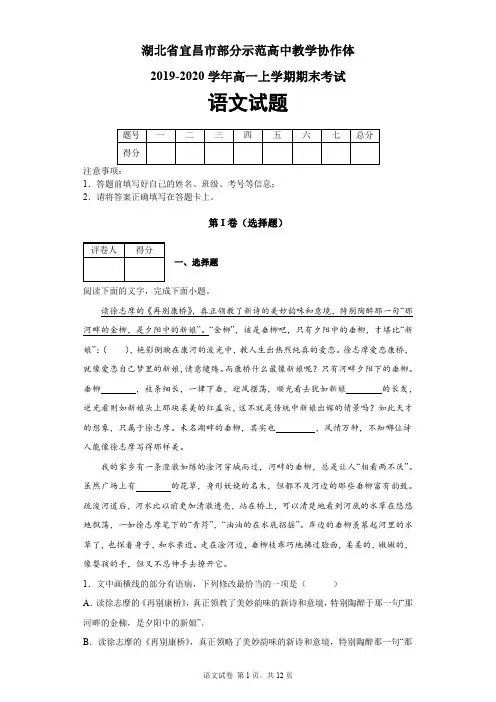 湖北省宜昌市部分示范高中教学协作体2019-2020学年高一上学期期末语文试题及答案解析
