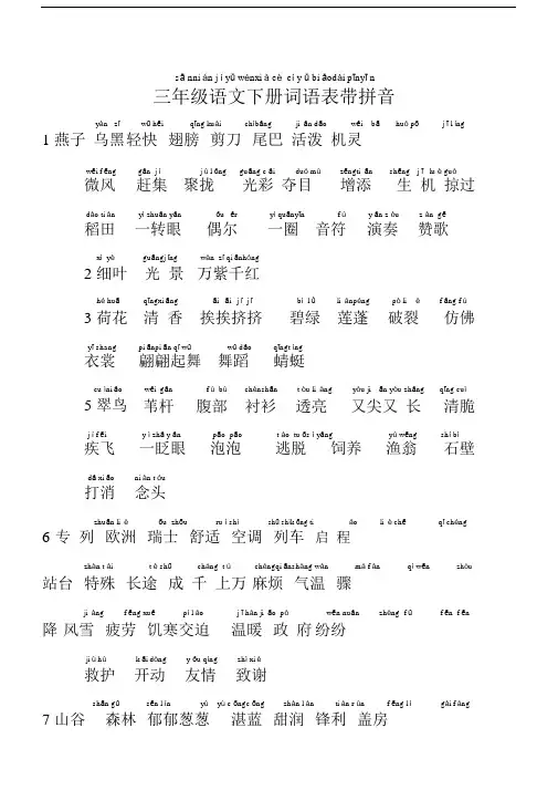 人教版三年级语文下册词语表带拼音.docx