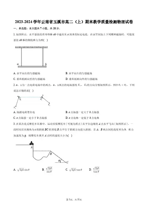 2023-2024学年云南省玉溪市高二(上)期末教学质量检测物理试卷+答案解析