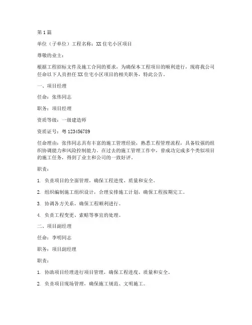 施工工程任命书(3篇)