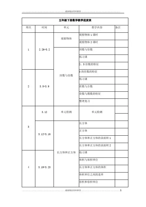 最新五年级下册数学教学进度表,