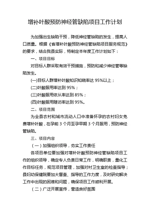 增补叶酸预防神经管缺陷项目工作计划
