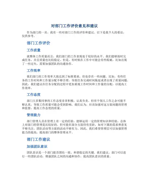 对部门工作评价意见和建议