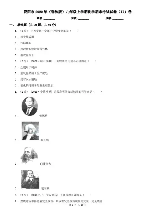 资阳市2020年(春秋版)九年级上学期化学期末考试试卷(II)卷