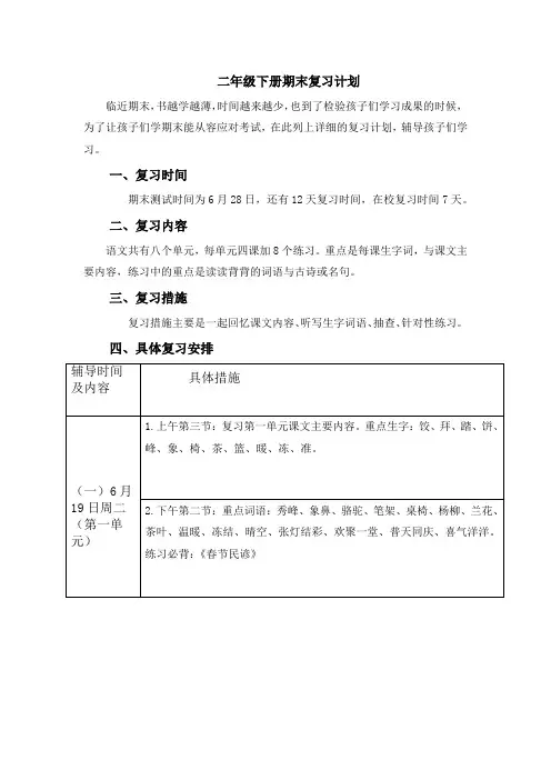 苏教二下期末复习计划