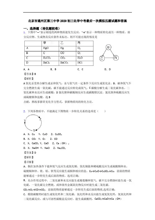 北京市通州区第三中学2020初三化学中考最后一次模拟压题试题和答案