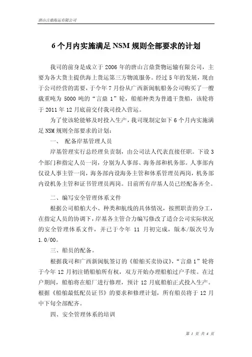 6个月实施满足NSM全部要求的计划