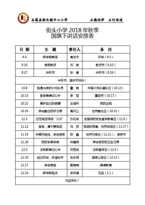 2018年秋季国旗下讲话安排表