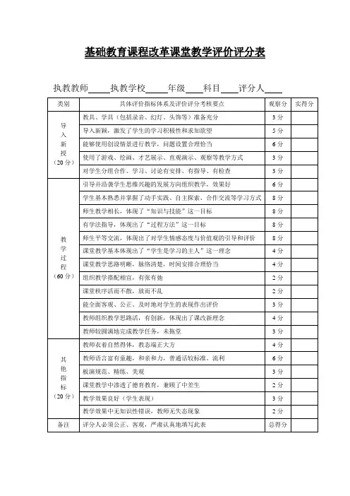 基础教育课程改革课堂教学评价评分表