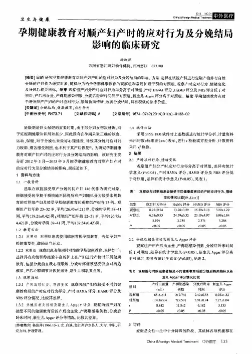 孕期健康教育对顺产妇产时的应对行为及分娩结局影响的临床研究