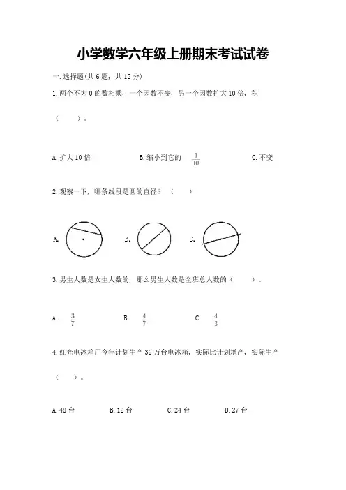 小学数学六年级上册期末考试试卷含答案(名师推荐)