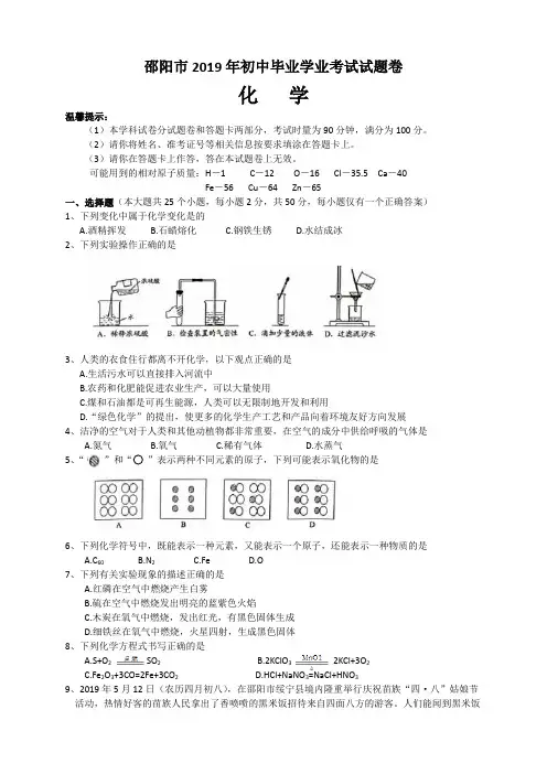 2019年湖南省邵阳市初中毕业学业考试化学试题卷(含答案)