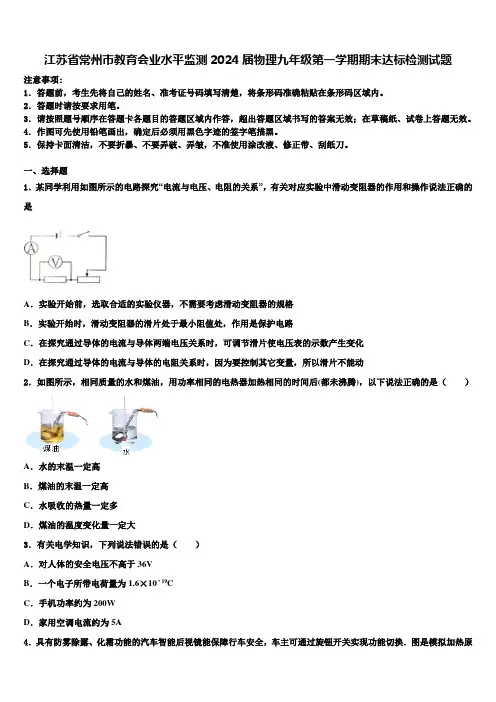 江苏省常州市教育会业水平监测2024届物理九年级第一学期期末达标检测试题含解析