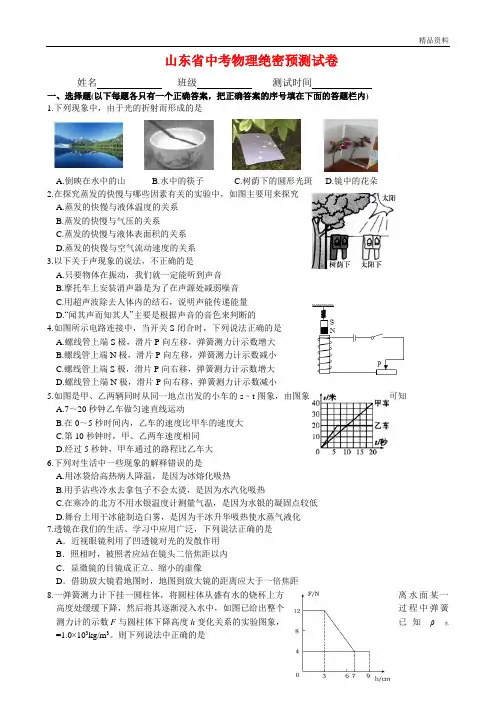 2020年山东省中考物理绝密预测试卷(含答案)