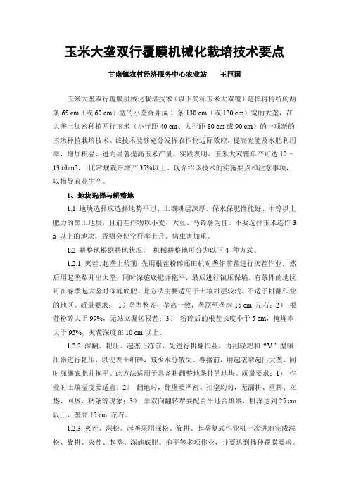 玉米大龙双行抚摸机械化栽培技术要点