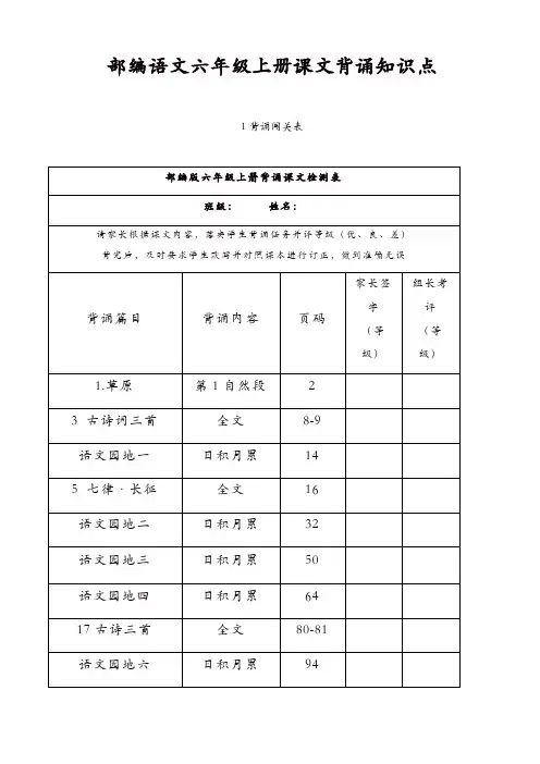 (部编版)2019年秋小学语文六年级上册：课文背诵知识点整理1【精品】