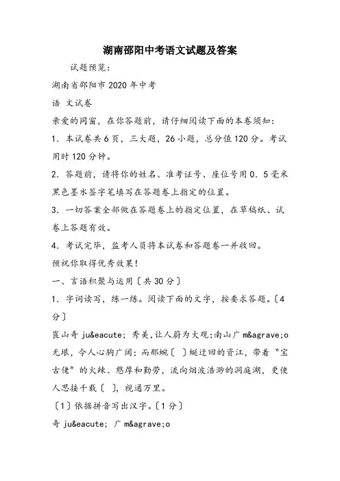 湖南邵阳中考语文试题及答案
