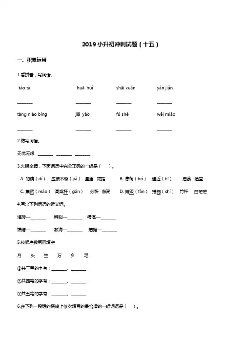 2019年小升初名校语文冲刺试题(15)人教新课标 (含答案)