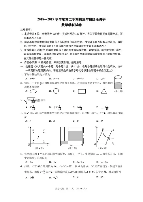 江苏省南师附中集团2019年中考二模考试数学试题(Word版 含答案)