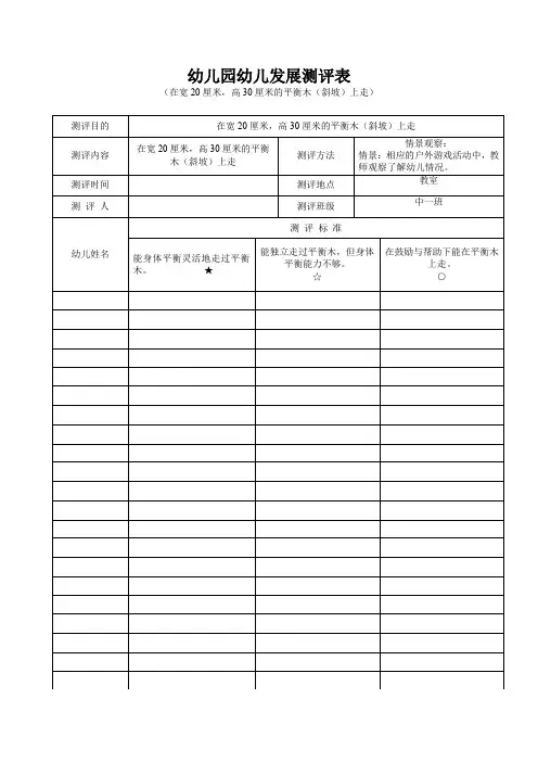 幼儿园幼儿发展测评表(在宽20厘米,高30厘米的平衡木(斜坡)上走)