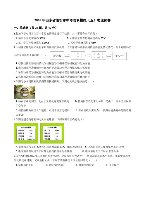 2018年山东省临沂市中考仿真模拟(五)物理试卷及答案