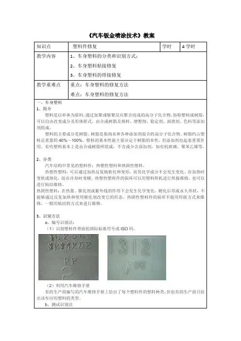 汽车钣金喷涂技术 塑料件修复--教案