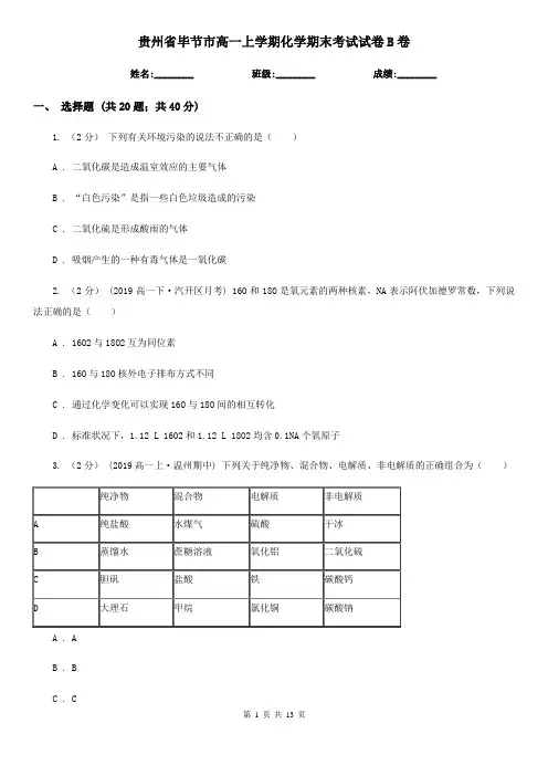 贵州省毕节市高一上学期化学期末考试试卷B卷