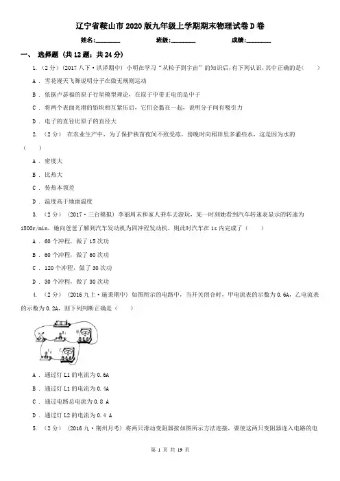 辽宁省鞍山市2020版九年级上学期期末物理试卷D卷