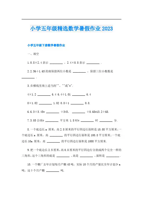 小学五年级精选数学暑假作业2023