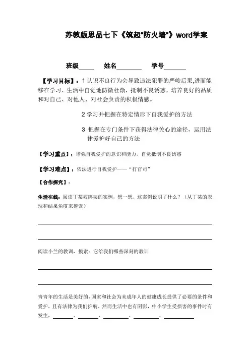 苏教版思品七下《筑起“防火墙”》word学案