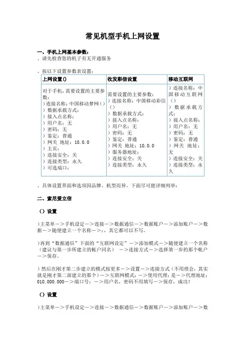 常见机型手机上网设置