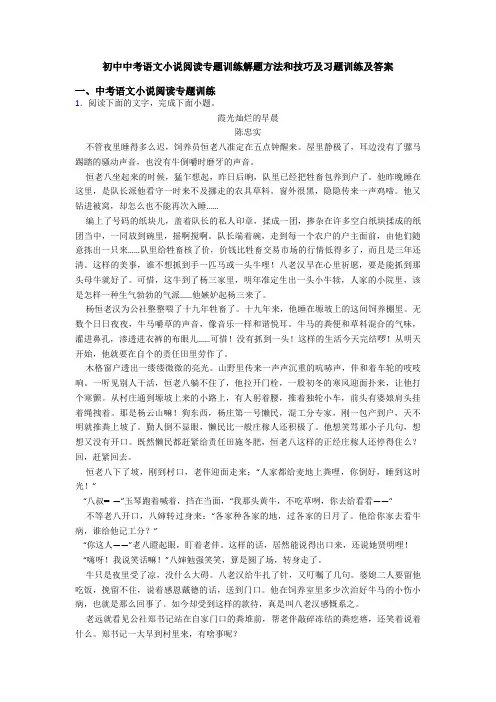 初中中考语文小说阅读专题训练解题方法和技巧及习题训练及答案