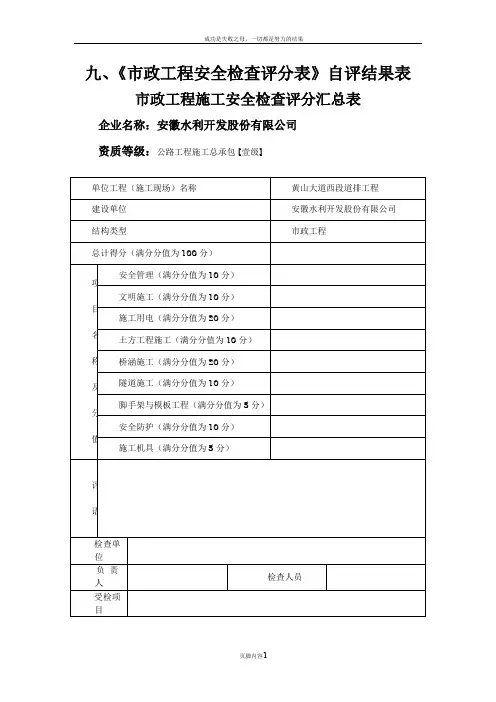 市政工程施工安全检查评分汇总表