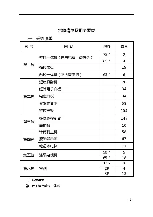 货物清单及相关要求【模板】