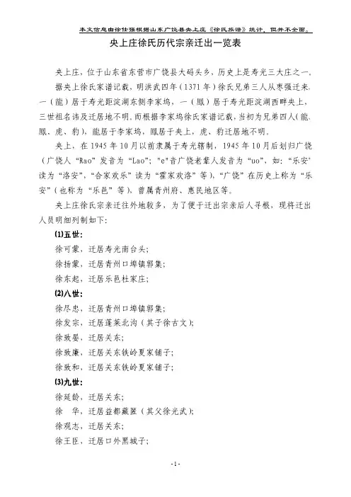 央上庄徐氏历代宗亲迁出一览表