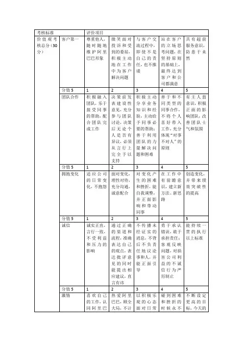 价值观考核标准