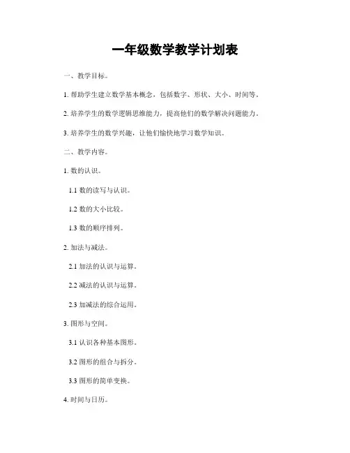 一年级数学教学计划表