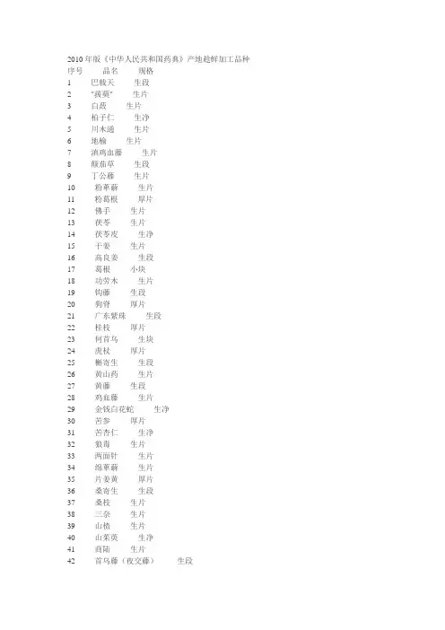 2010年版《中华人民共和国药典》产地趁鲜加工品种