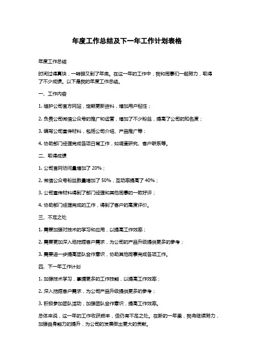 年度工作总结及下一年工作计划表格