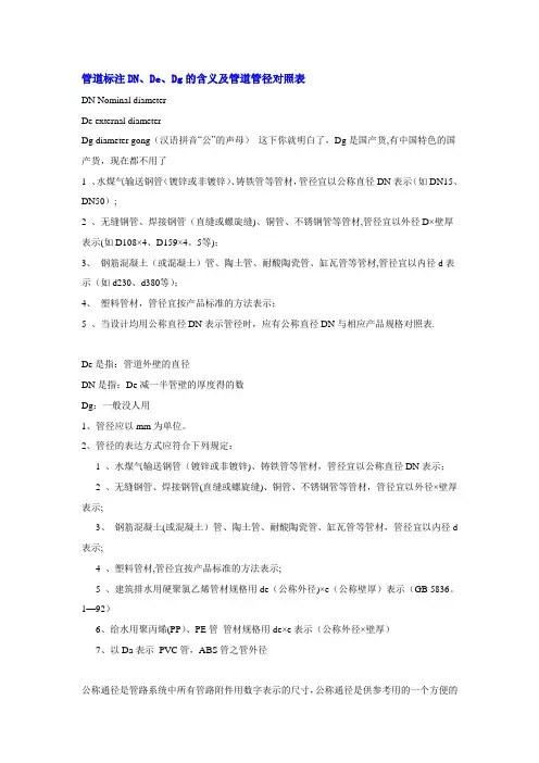 管道标注DN、De、Dg的含义及管道管径对照表