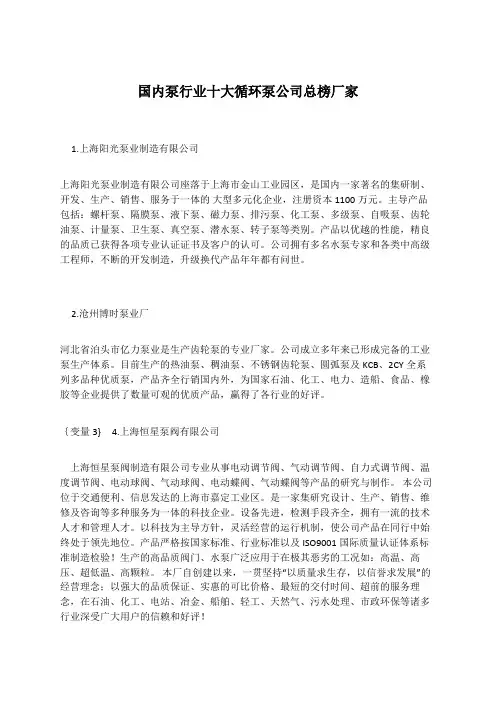 国内泵行业十大循环泵公司总榜厂家