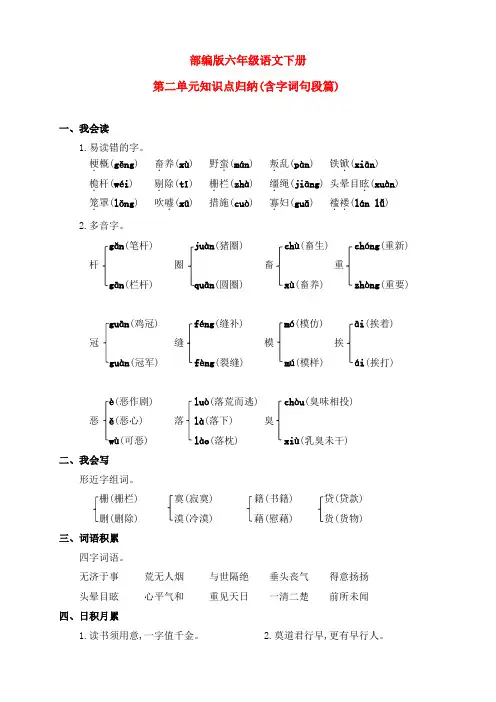 部编版六年级语文下册第二单元知识点归纳(含字词句段篇)
