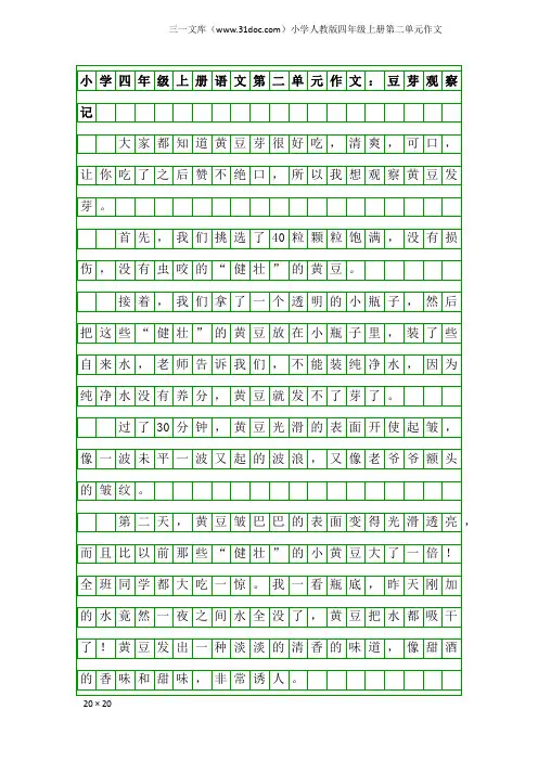 小学人教版四年级上册第二单元作文：小学四年级上册语文第二单元作文：豆芽观察记