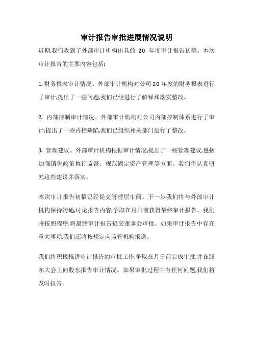 审计报告审批进展情况说明