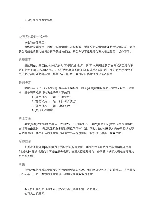 公司处罚公告范文模板