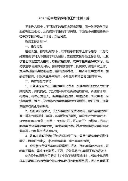 2020初中数学教师的工作计划5篇