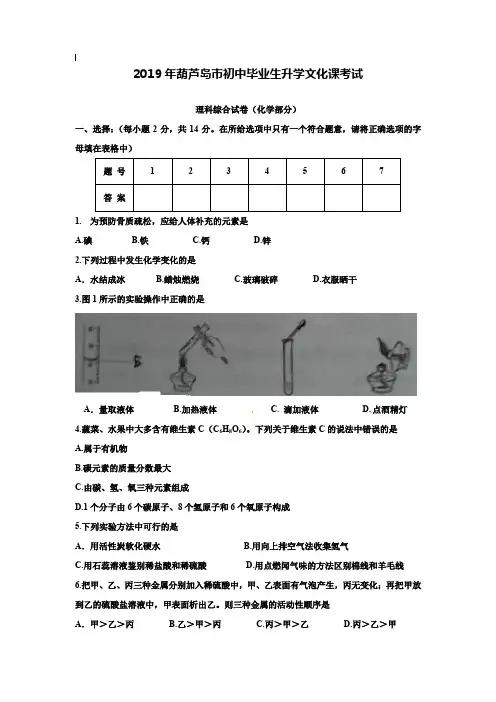【附20套名校中考真题】辽宁省葫芦岛市2019年中考理综(化学部分)试题(word版,含答案)